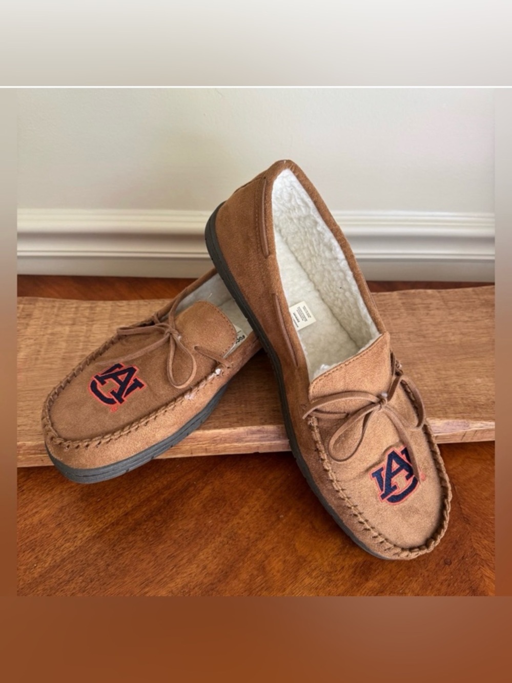 FOCO Auburn University Tan Faux Suede Sherpa Lined Moccasin Slippers Sz 13/14 XL